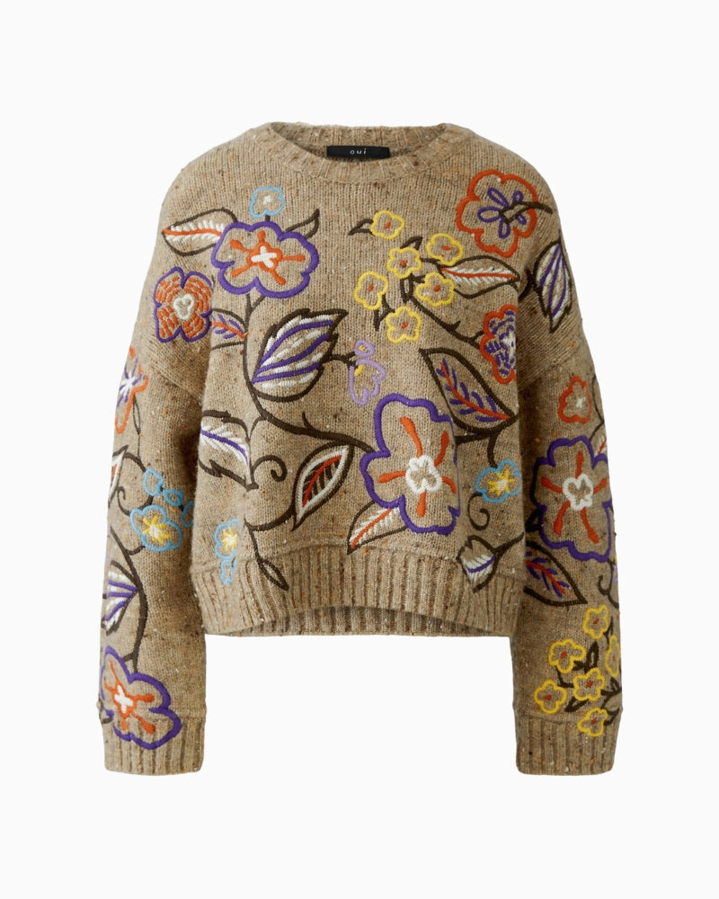 Oui Embroidered Jumper in Camel and Violet front view