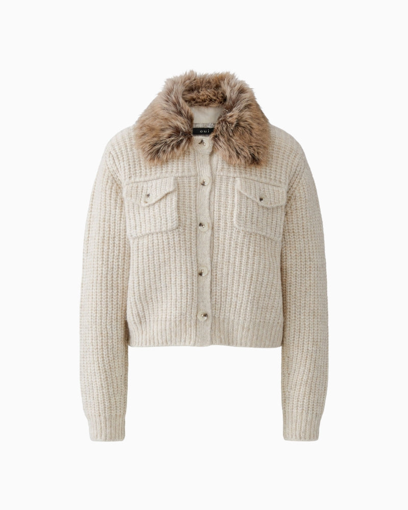 Oui Faux Fur Collar Cardigan in Light Beige faux fur collar detail