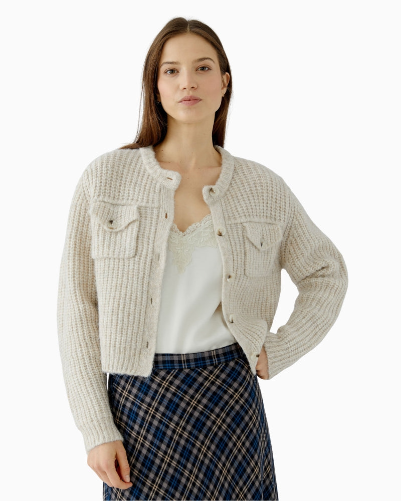 Oui Faux Fur Collar Cardigan in Light Beige front view