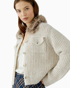 Oui Faux Fur Collar Cardigan in Light Beige knit texture detail