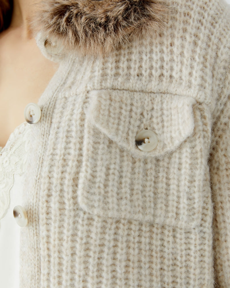 Oui Faux Fur Collar Cardigan in Light Beige pocket detail