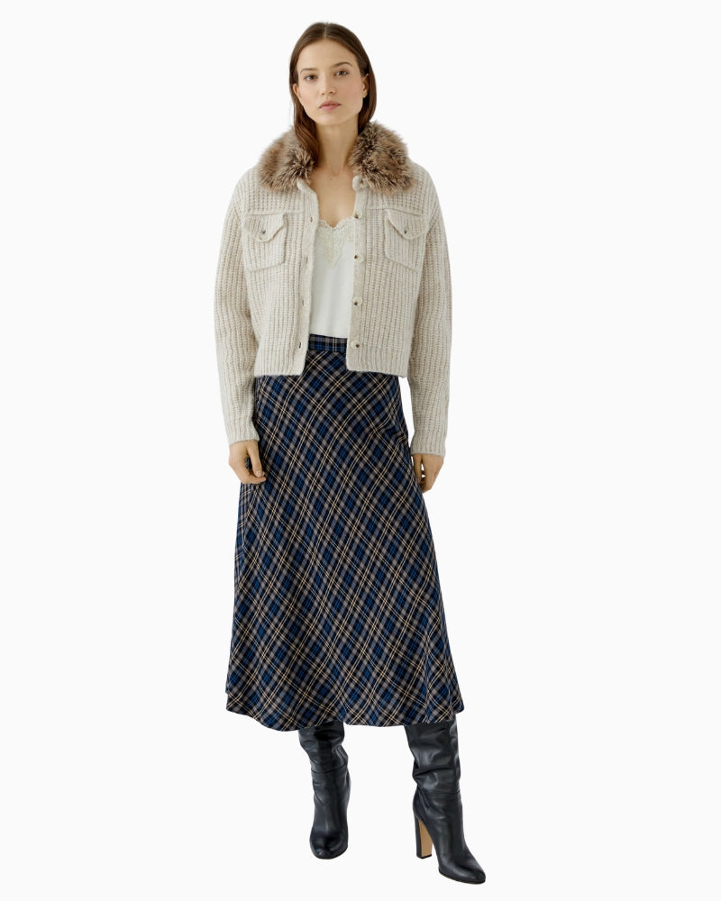 Oui Faux Fur Collar Cardigan in Light Beige styled view