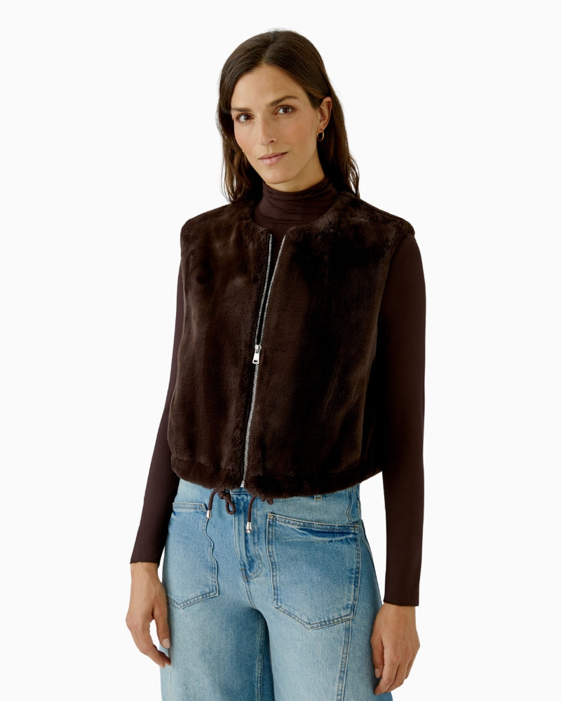 Oui Faux Fur Gilet in Chocolate Torte brown front view