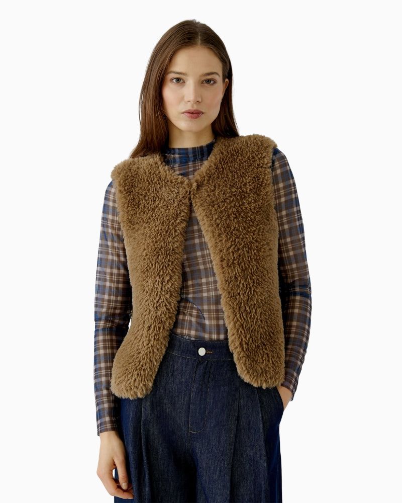 Oui Faux Fur Gilet in Tan front view