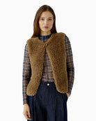 Oui Faux Fur Gilet in Tan front view