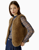 Oui Faux Fur Gilet in Tan side view