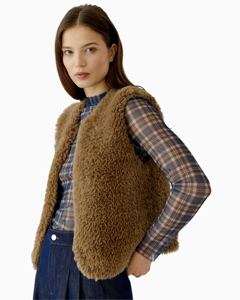 Oui Faux Fur Gilet in Tan side view