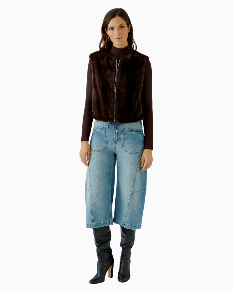 Oui Faux Fur Gilet in brown styled view