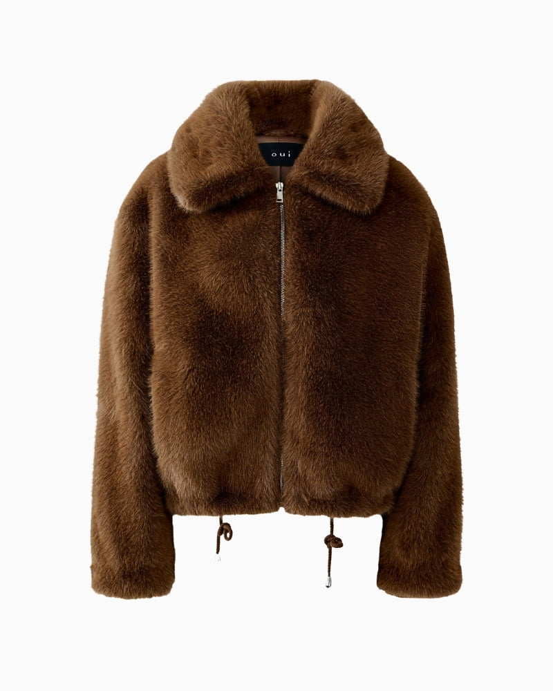 Flat lay of Oui faux fur jacket in taupe with zip front and side pockets