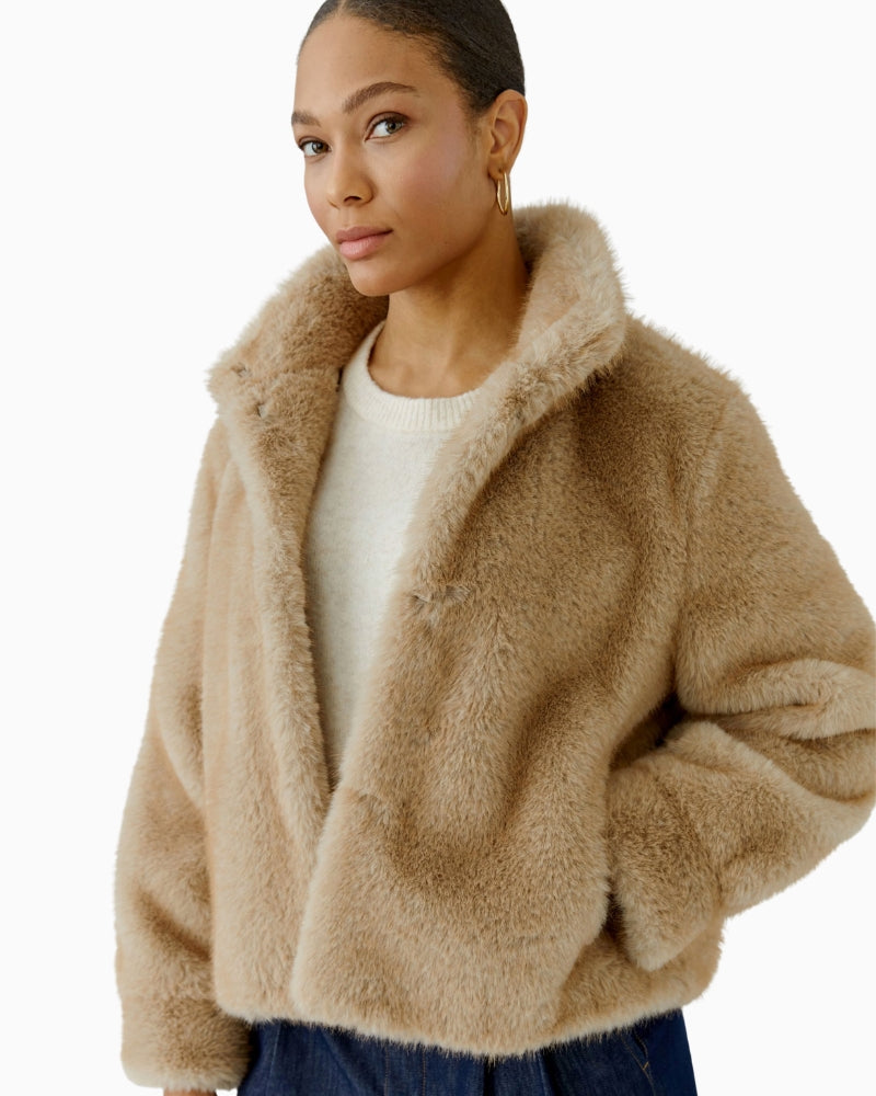 Oui Faux Fur Jacket in Beige side view