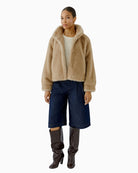 Oui Faux Fur Jacket in Beige worn  front view
