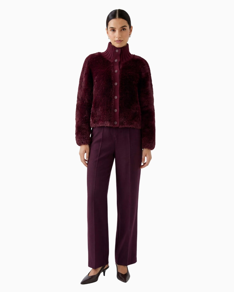 Oui Faux Fur Jacket in Berry stand-up collar detail