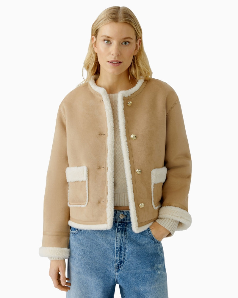 Oui faux leather jacket in camel with gold crest buttons and faux fur lining