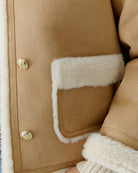 Oui jacket in camel showing patch pockets and suede-look finish