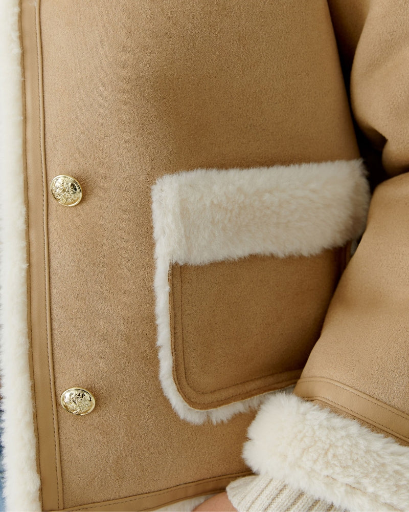 Oui jacket in camel showing patch pockets and suede-look finish