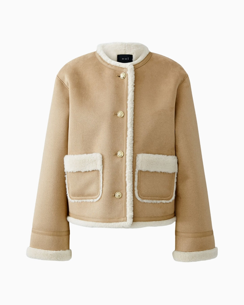 Flat lay front view of Oui faux leather winter jacket in camel