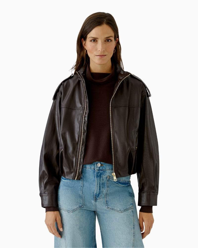 Oui Faux Leather Jacket in dark brown front view
