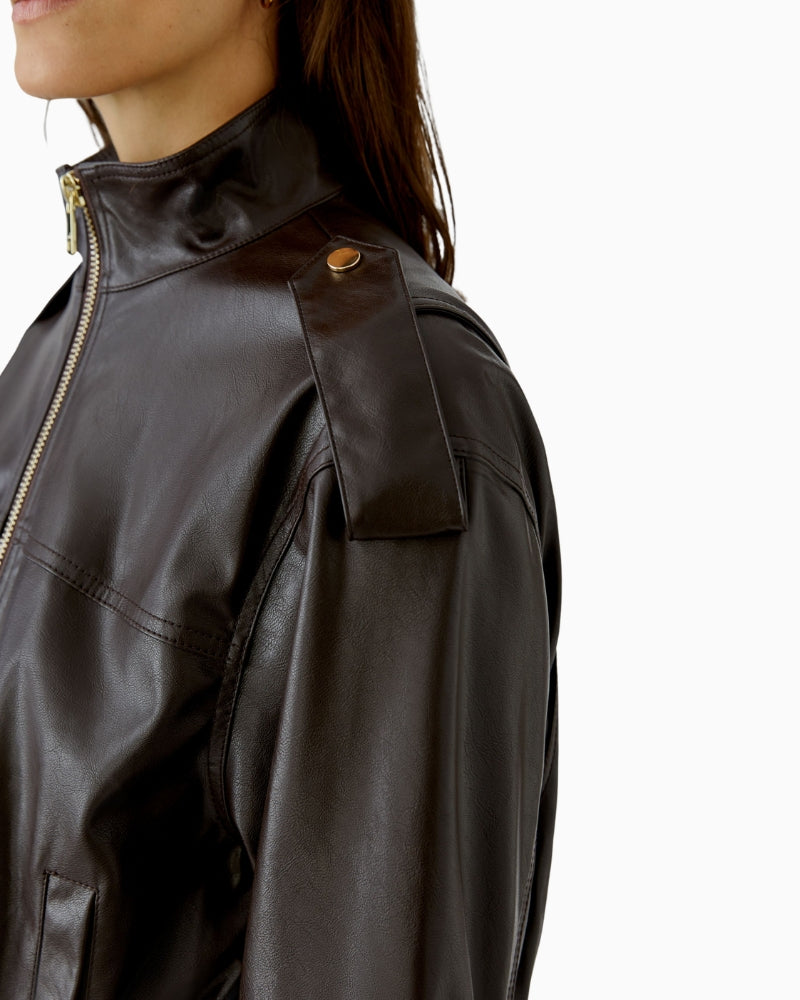 Oui Faux Leather Jacket in dark brown shoulder detail