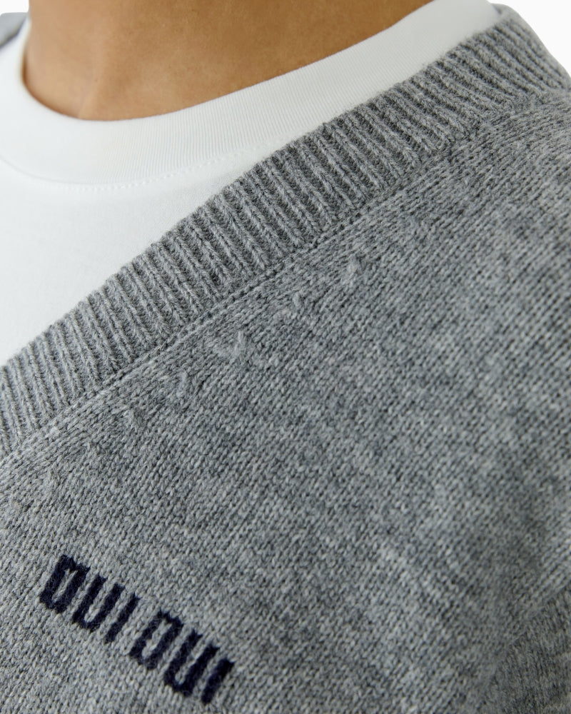 Oui Faux T-Shirt Jumper in grey layered neckline close-up