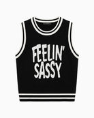 Oui Fellin Sassy Vest in black front view with slogan detail