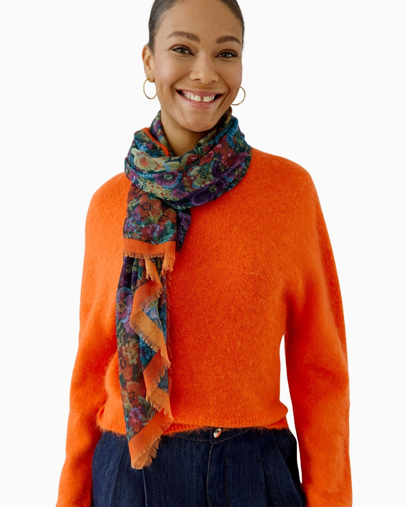 Oui Floral Gobelin Scarf in Multicolour fringe detail