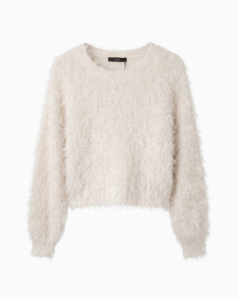 Oui Fringe Yarn Cropped Jumper in cream front view