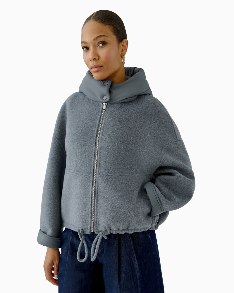 Oui Hooded Jacket in Grey front zipper detail