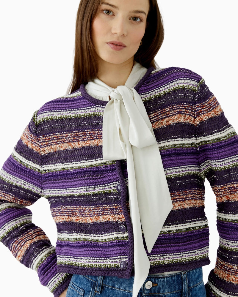 Oui Knit Jacket Cardigan in Violet knit texture detail