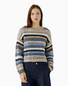 Oui Knit Sweater in Beige/Blue front view