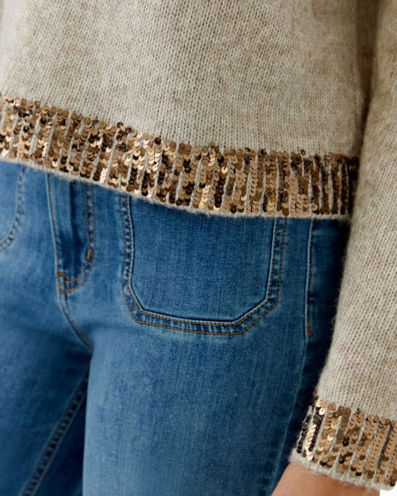 Oui Knit Sweater in Light Beige sequin detail