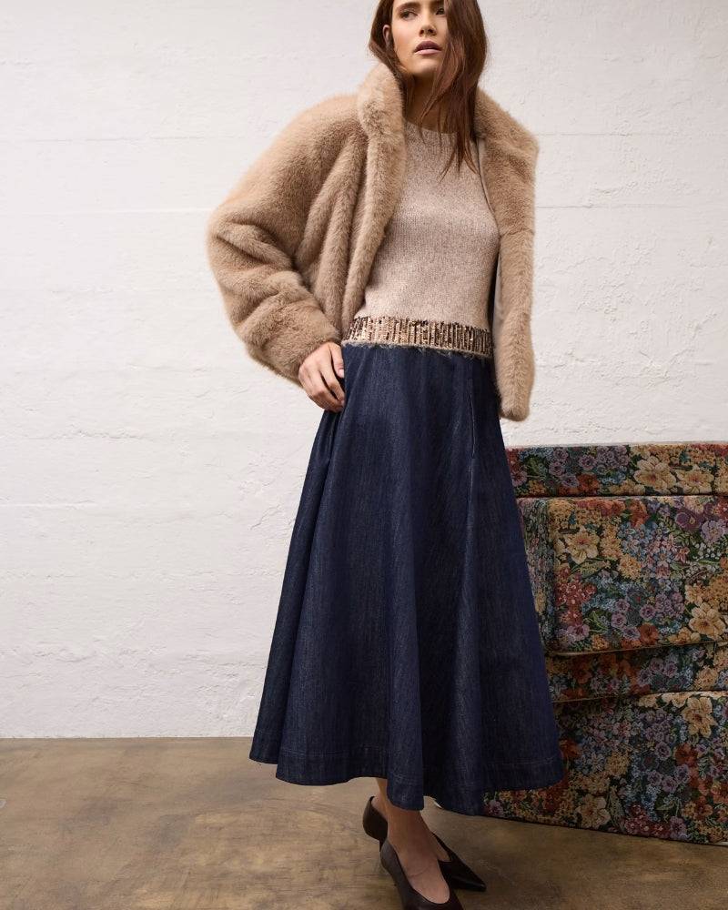 Oui Knit Sweater in Light Beige styled with fur jacket
