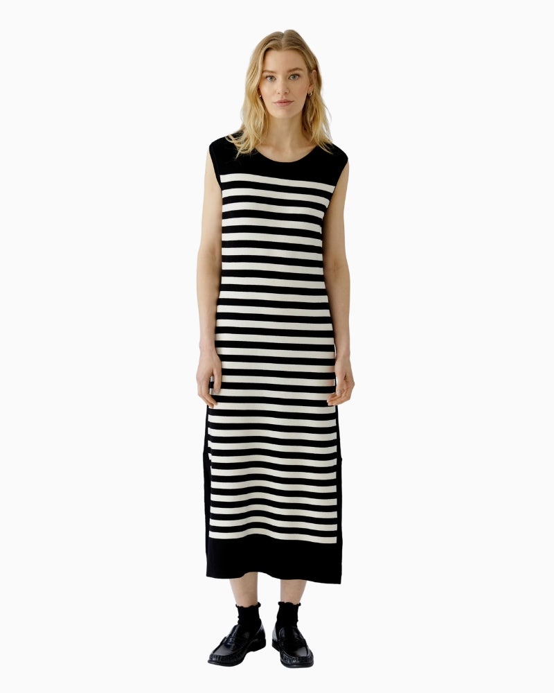 Oui Knitted Midi Dress in Black Stripe front view