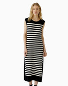 Oui Knitted Midi Dress in Black Stripe angled front view