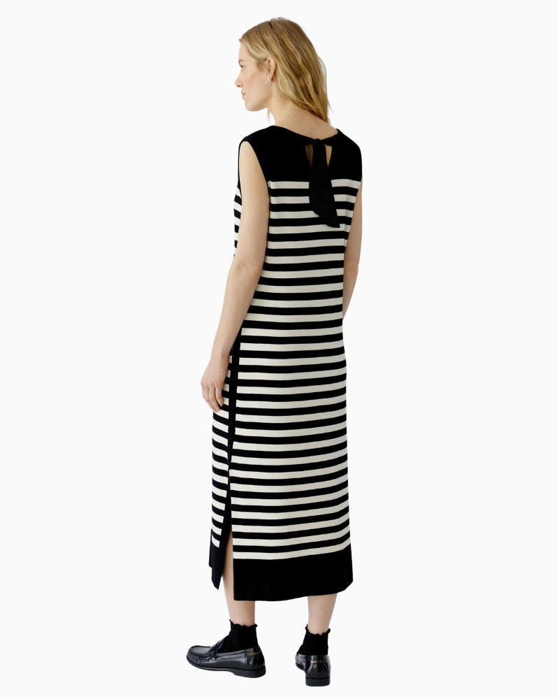 Oui Knitted Midi Dress in Black Stripe bow back detail