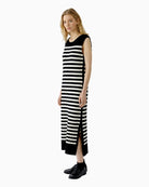 Oui Knitted Midi Dress in Black Stripe side slit detail