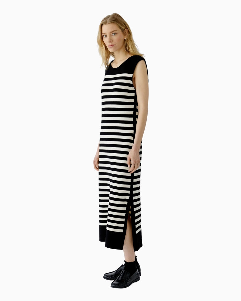Oui Knitted Midi Dress in Black Stripe side slit detail