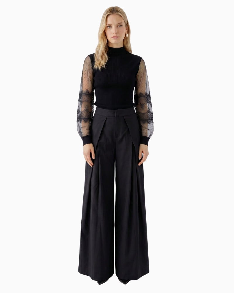 Oui Lace Sleeve Jumper in Black front view