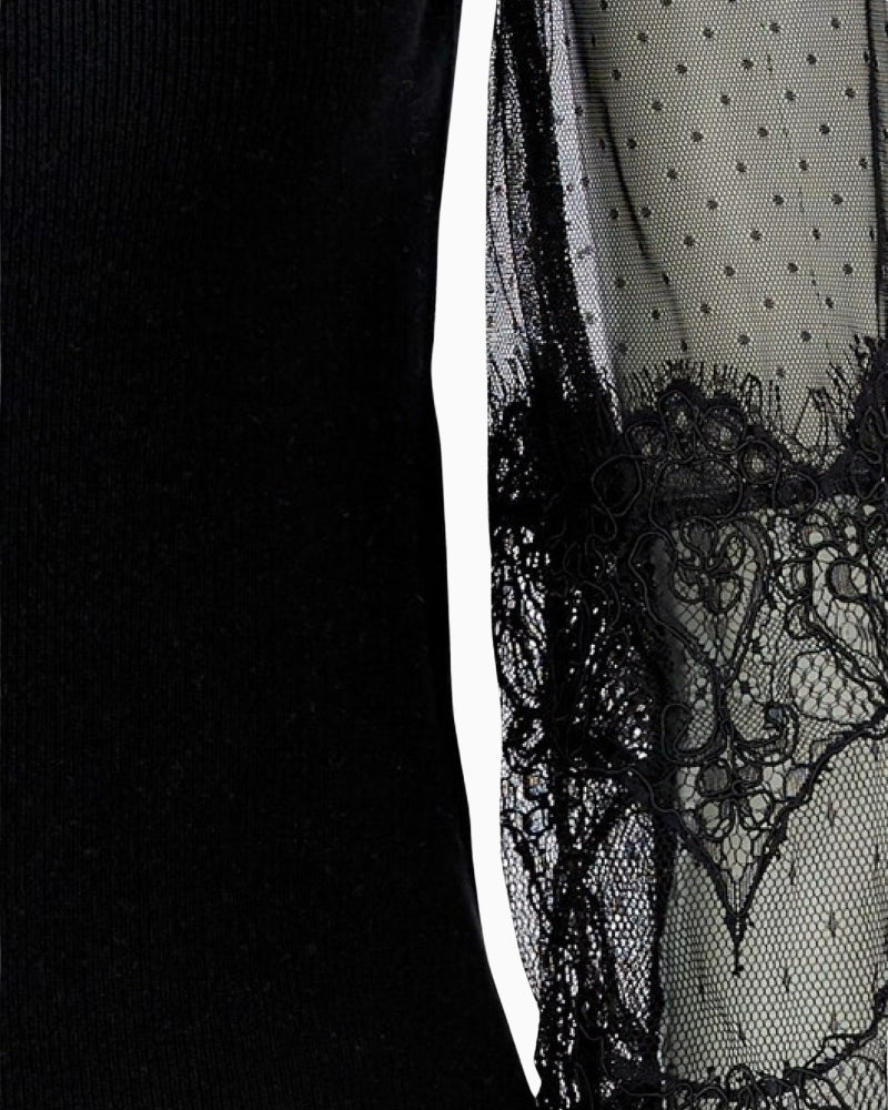 Oui Lace Sleeve Jumper in Black sheer lace sleeve detail