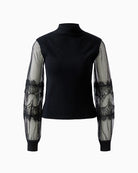 Oui Lace Sleeve Jumper in Black stand-up collar and ribbed knit detail