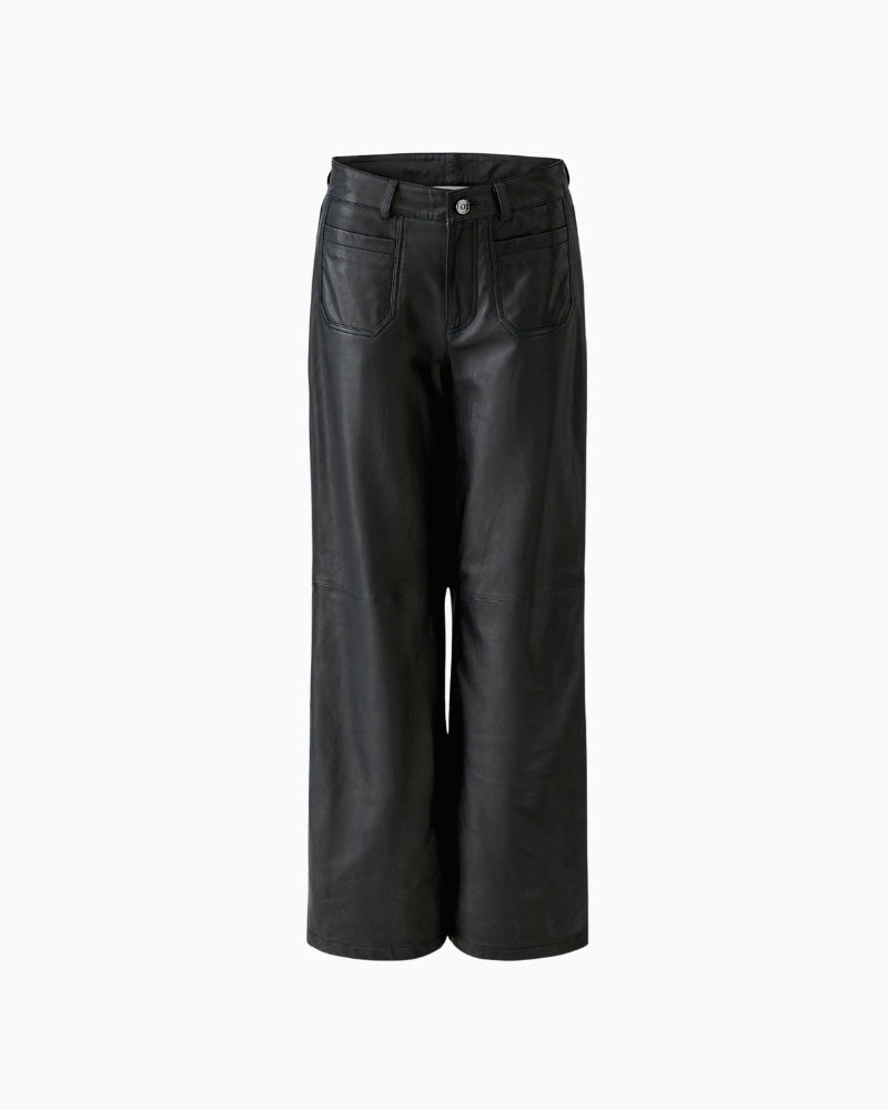 Oui Leather Trousers in Black front view