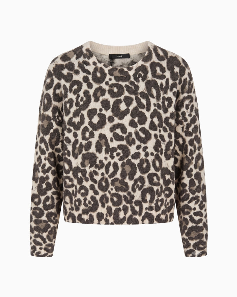 Oui Leopard Print Jumper in Taupe front view
