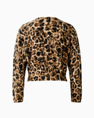 Flat lay back view of Oui leopard print sweater showing ribbed cuffs and hem