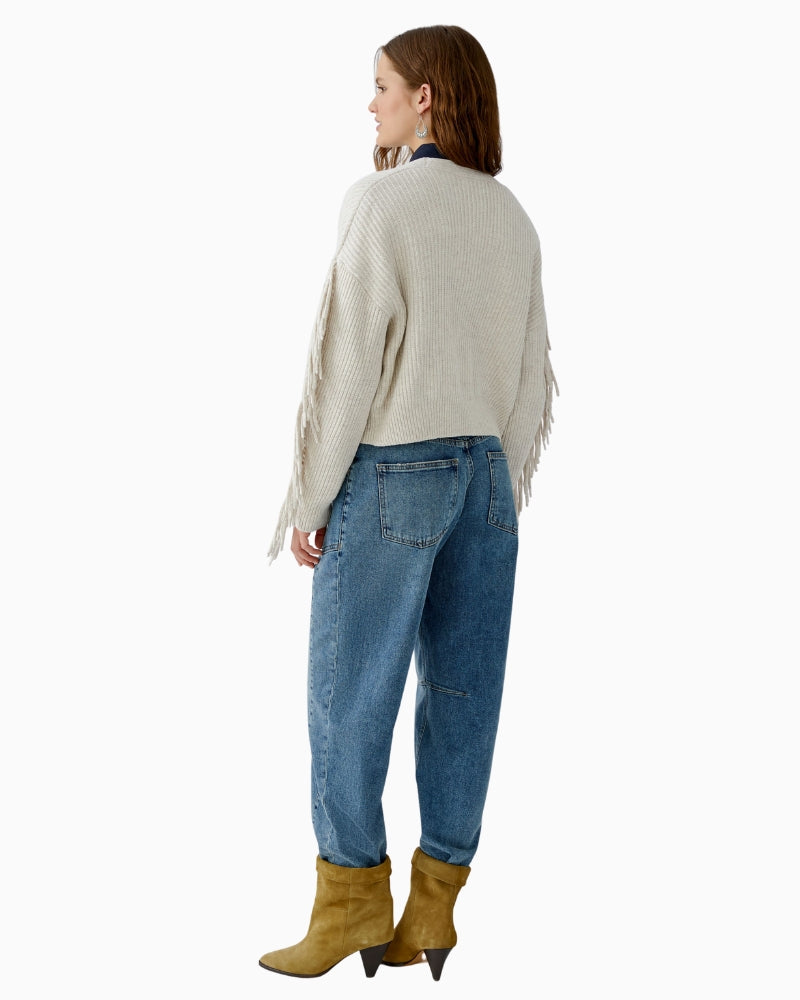 Back view of Oui light beige cardigan with relaxed fit and ribbed hem