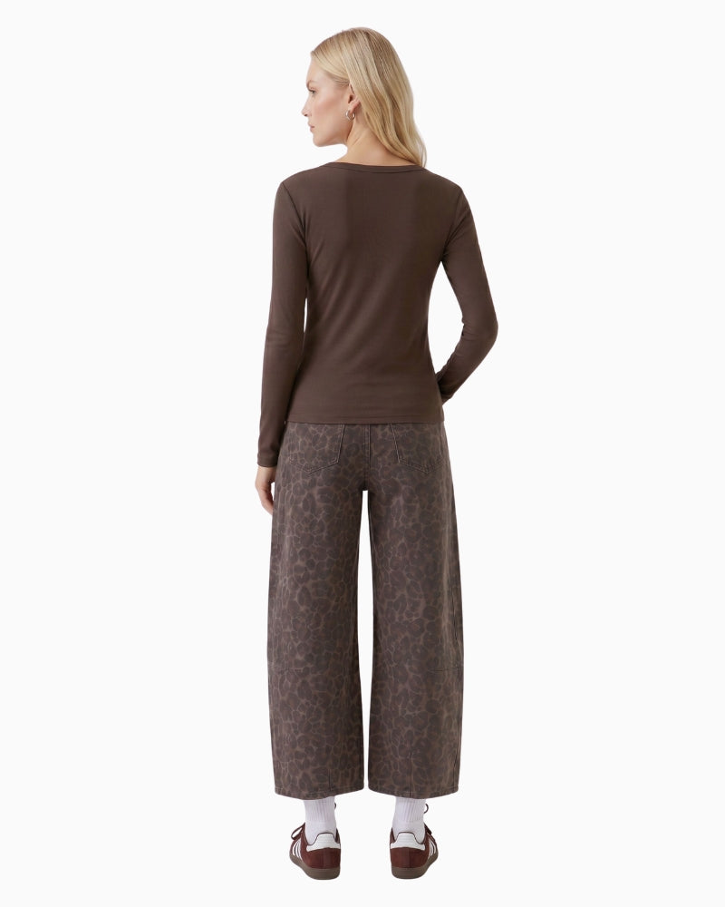 Oui Long Sleeve Ribbed T-Shirt in Brown back view