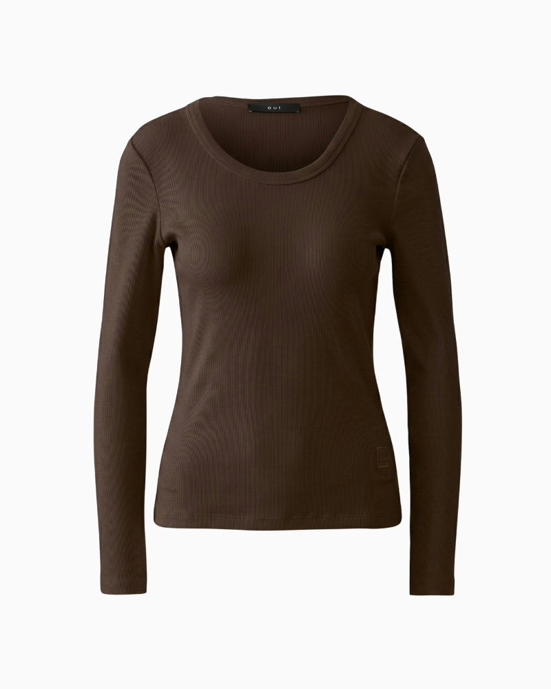 Oui Long Sleeve Ribbed T-Shirt in Brown ribbed fabric detail