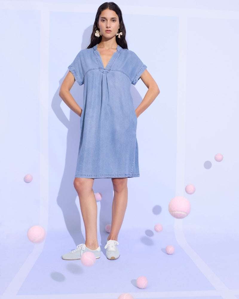 Oui Lyocell Denim Dress in dark blue denim angled model view