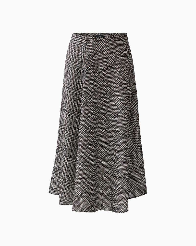 Oui Midi Skirt in off-white and brown check draped pleat detail