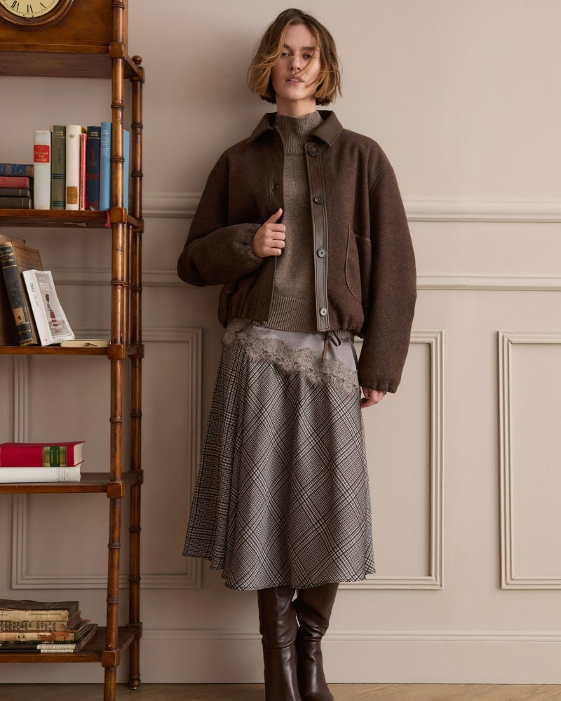Oui Midi Skirt in off-white and brown check styled