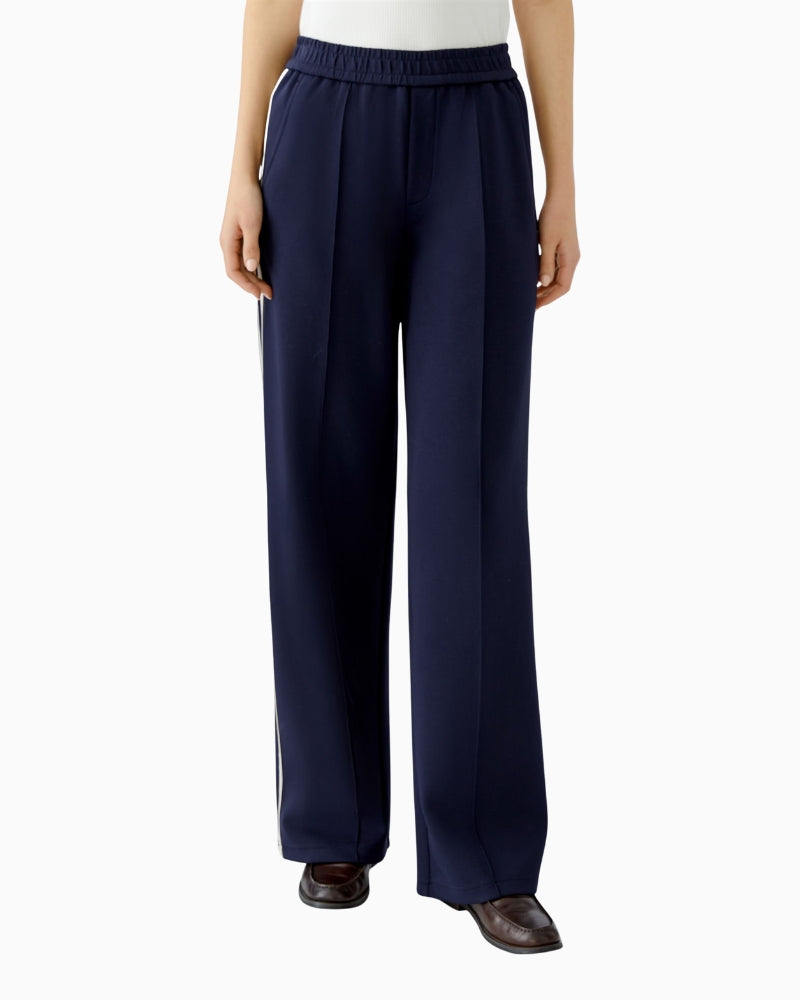 Oui navy slip-on trousers with white side stripe