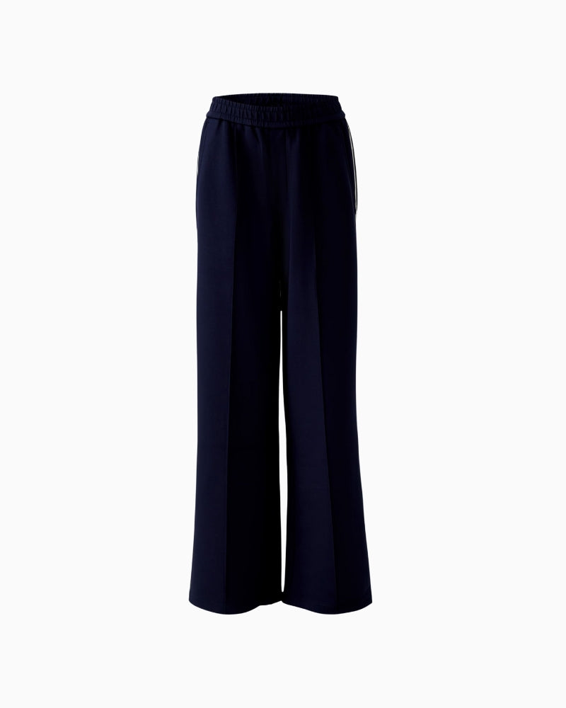 Full front view of relaxed-fit trousers with elasticated waist
